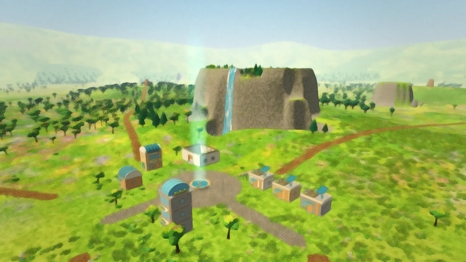 The Town of Bloomlight below Crash Hill and its waterfall
